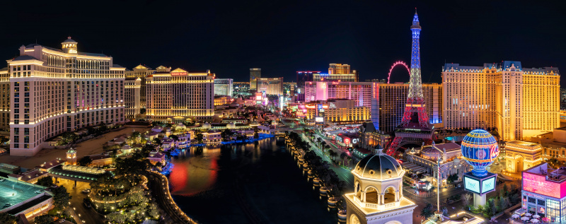 LAS VEGAS, USA - CIRCA JANUARY 2021 : Panorama wide angle view of the Las Vegas Strip and city skyline at night, Nevada, USA